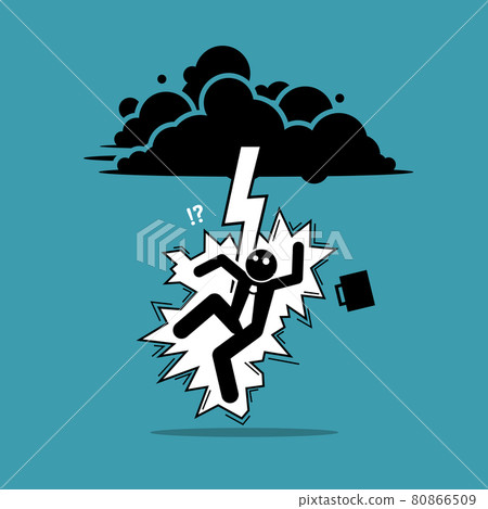Businessman struck by lightning or thunder from the dark cloud. Vector illustration concept of bad luck, misery, unfortunate, unlucky, disaster, risk, and danger. Businessman struck by lightning or thunder from the dark cloud. Vector illustration concept of bad luck, misery, unfortunate, unlucky, disaster, risk, and danger. 80866509