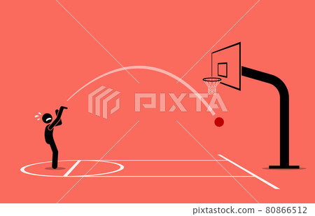 Man trying to shoot a basketball into a hoop. He completely miss and getting an air ball. Vector illustration concept of inaccurate, newbie, unskilled, frustration, and failure. 80866512