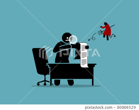 The devil is in the details. Vector artwork showing a man checking a document or agreement with a magnifying glass in details. The devil is in the details. Vector artwork showing a man checking a document or agreement with a magnifying glass in details. 80866529