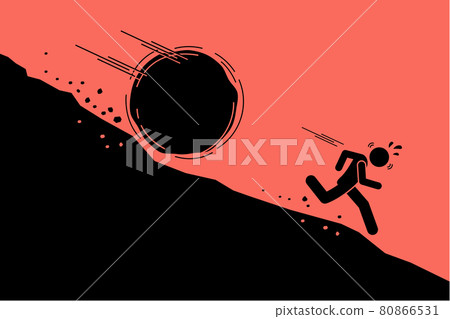 Big rock or boulder rolling down on a man from steep mountain hill slope. Vector concept artwork of danger, risk, problem, and crisis. Big rock or boulder rolling down on a man from steep mountain hill slope. Vector concept artwork of danger, risk, problem, and crisis. 80866531