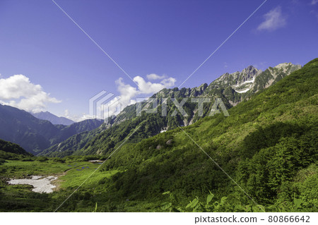 Chinne and Yatsumine seen from the flat hut in the summer pond 80866642
