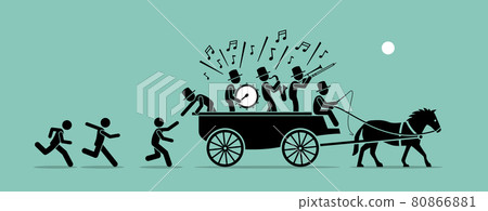 Jump on the bandwagon. Vector artwork concept depicts people and followers chasing, joining, and jumping into a bandwagon because it is popular, famous, and trendy. 80866881