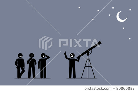 A physicist with a telescope telling and explaining to people about his discovery about stars, moon, and space. Vector illustration concept of discoveries, knowledge, findings, and revelation. 80866882