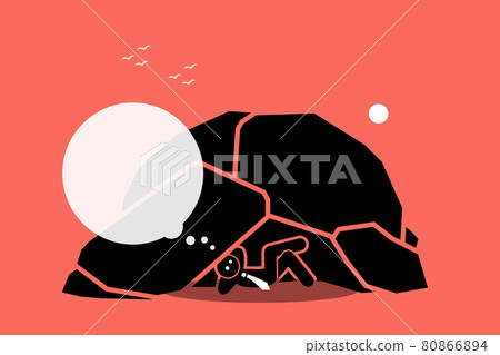 Man living under a rock or cave. Vector artwork depicts a businessman staying and living under a rock while thinking. Concept of ignorant, isolation, idiot, oblivious, unaware, and foolish. 80866894