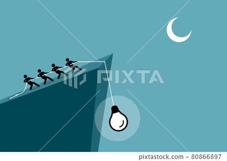 People pulling an idea up from falling down the cliff by using rope. Vector artwork depicts the concept of teamwork, team cooperation, combining effort, collaboration, and working together. People pulling an idea up from falling down the cliff by using rope. Vector artwork depicts the concept of teamwork, team cooperation, combining effort, collaboration, and working together. 80866897