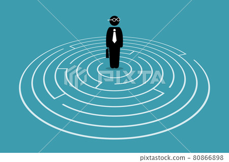 Businessman standing in the center of a maze. Vector artwork concept depicts challenge, finding the way out, escape, hurdles, solving issue, and solution for problem. 80866898