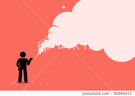 Stick figure smoker smoking cigarette with a lot of smoke. Vector artwork concept depicts unhealthy lifestyle, ignorant smoker, tobacco, nicotine, cancer, and addiction. 80866915