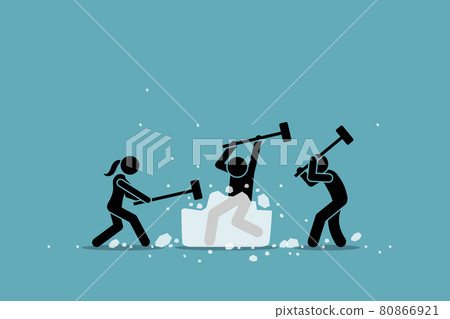 Ice breaking or icebreaker activity, game and event. Vector artwork of a group of people using sledgehammer to break a large ice. Concept of knowing each member and warm up for participants meeting. 80866921