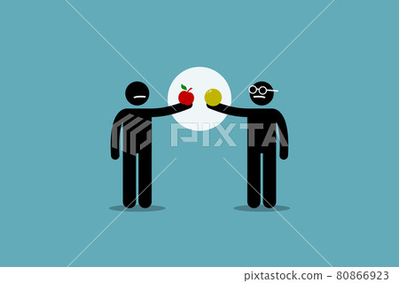 Comparing apple with orange. Vector artwork of two different man holding an apple and orange, and start to compare them to each other. Concept of difference, incomparable, impractical, and pointless. 80866923