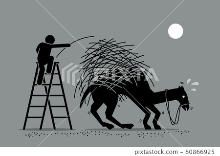 The last straw that breaks the camel back. Vector artwork depicts a man putting one a straw to an already overburdened camel back. Concept depicts overworked, pressure, and final tolerable event. The last straw that breaks the camel back. Vector artwork depicts a man putting one a straw to an already overburdened camel back. Concept depicts overworked, pressure, and final tolerable event. 80866925