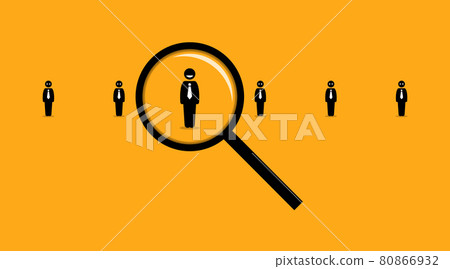 Using a magnifying glass searching for the right employee among many others job seeker. Using a magnifying glass searching for the right employee among many others job seeker. 80866932