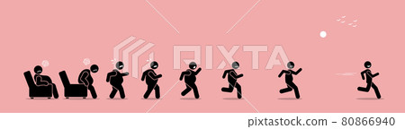 Fat man getting up, running, and become thin transformation. 80866940