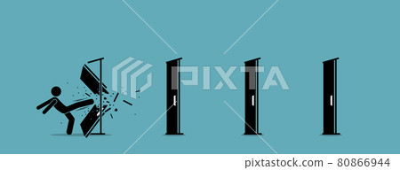 Man kicking down and destroying door one by one. 80866944