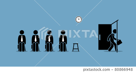 Job interview candidates waiting outside the room and a candidate walking through the door. Vector artwork concept depict job recruitment, hiring, employment, job interview, and career opportunity. 80866948