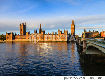 London cityscape with Palace of Westminster Big Ben and Westminster Bridge in a morning light London cityscape with Palace of Westminster Big Ben and Westminster Bridge in a morning light 80867384