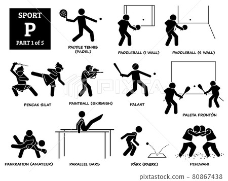 Sport games alphabet P vector icons pictogram. Paddle tennis, padel, paddleball, pencak silat, paintball skirmish, palant, paleta fronton, pankration amateur, parallel bars, park paerk, and pehlwani. 80867438