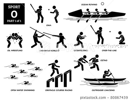 Sport games alphabet O vector icons pictogram. Oina, ocean rowing, oil wrestling, okinawan kobudo, orienteering, over the line, open water swimming, obstacle course racing, oztag, outrigger canoeing. 80867439
