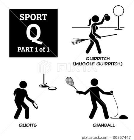 Sport games alphabet Q vector icons pictogram. Quidditch, muggle quidditch, quoits, and qianball. Sport games alphabet Q vector icons pictogram. Quidditch, muggle quidditch, quoits, and qianball. 80867447