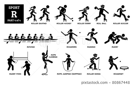 Sport games alphabet R vector icons pictogram. Roller skating, roller hockey, derby, roll ball, soccer, rowing, rounders, running, rugby, rugby fives, rope climbing, skipping, skiing, and roundnet. 80867448