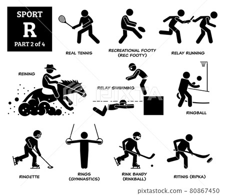 Sport games alphabet R vector icons pictogram. Real tennis, recreational footy, relay running, reining, relay swimming, ringball, ringette, rings gymnastic, rink bandy, and ritinis. 80867450