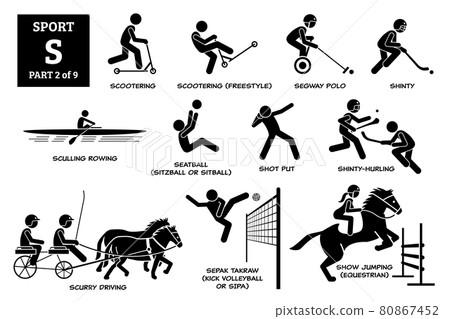 Sport games alphabet S vector icons pictogram. Scootering, scooter freestyle, segway polo, shinty, sculling rowing, seatball, shot put, shinty hurling, scurry driving, sepak takraw, and show jumping. Sport games alphabet S vector icons pictogram. Scootering, scooter freestyle, segway polo, shinty, sculling rowing, seatball, shot put, shinty hurling, scurry driving, sepak takraw, and show jumping. 80867452