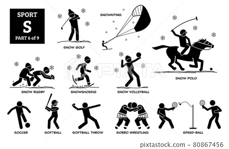 Sport games alphabet S vector icons pictogram. Snow golf, snowkiting, snow rugby, snowshoeing, snow volleyball, snow polo, soccer, softball, softball throw, sorro wrestling, and speed-ball. Sport games alphabet S vector icons pictogram. Snow golf, snowkiting, snow rugby, snowshoeing, snow volleyball, snow polo, soccer, softball, softball throw, sorro wrestling, and speed-ball. 80867456