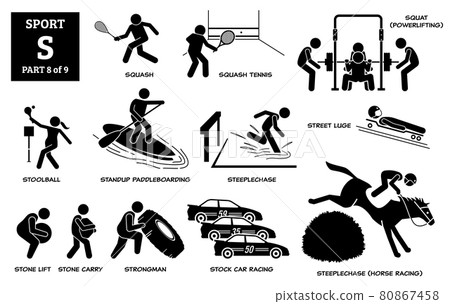 Sport games alphabet S vector icons pictogram. Squash, squash tennis, squat, stoolball, standup paddleboarding, steeplechase horse, street luge, stone lift carry, strongman, and stock car racing. Sport games alphabet S vector icons pictogram. Squash, squash tennis, squat, stoolball, standup paddleboarding, steeplechase horse, street luge, stone lift carry, strongman, and stock car racing. 80867458