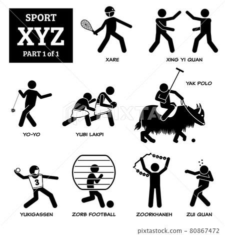 Sport games alphabet X, Y, and Z vector icons pictogram. Xare, xing yi quan, yo-yo, yubi lakpi, yak polo, yukigassen, zorb football, zourkhaneh, and zhi quan. 80867472