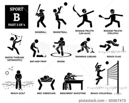 Sport games alphabet B vector icons pictogram. Baseball, basque pelota, basse, bat and trap, baton twirling, Bavarian curling, beach flag, golf, belt wrestling, benchrest shooting, and volleyball. 80867478