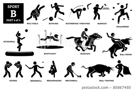 Sport games alphabet B vector icons pictogram. Boli Khela, bowling, boomerang, bunnock, bouldering, bossaball, bodyflight, buzkashi, bull riding fighting, boxing, brannboll, breakdance, and broomball. 80867480