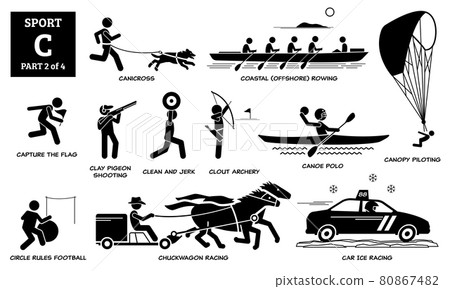Sport games alphabet C vector icons pictogram. Canicross, coastal rowing, capture flag, clay pigeon shooting, clean jerk, clout archery, canoe polo, chuckwagon, car ice racing, and canopy piloting. 80867482