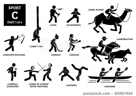Sport games alphabet C vector icons pictogram. Calva, calisthenics, camel racing, candlepin bowling, caber toss, cammag, camogie, campdrafting, caneball chinlone, canne de combat, capoeira, canoeing. 80867484