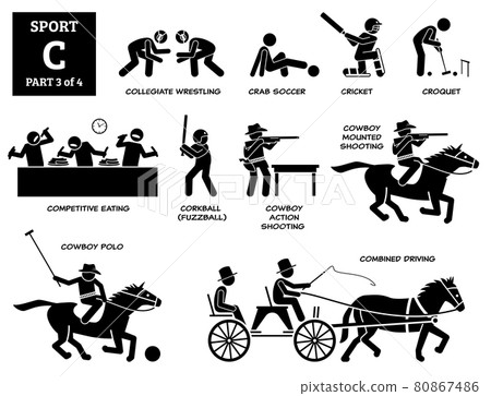 Sport games alphabet C vector icons pictogram. Collegiate wrestling, crab soccer, cricket, croquet, competitive eating, corkball fuzzball, cowboy action shooting, mounted polo, and combined driving. 80867486