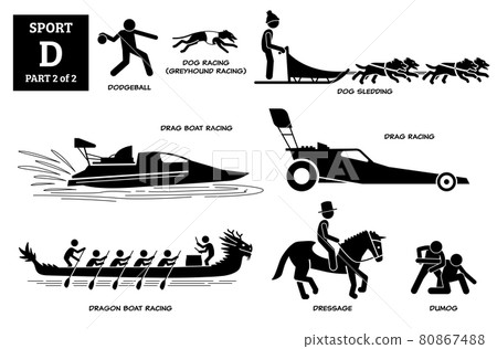 Sport games alphabet D vector icons pictogram. Dodgeball, dog racing greyhound, sledding, drag boat racing, drag car racing, dragon boat, equestrian dressage horse, and dumog. 80867488