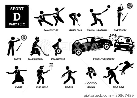 Sport games alphabet D vector icons pictogram. Dancesport, dandi biyo, danish longball, dartchery, darts, daur hockey, deadlifting, demolition derby, digor, disc golf, discus, diving, and disc dog. 80867489