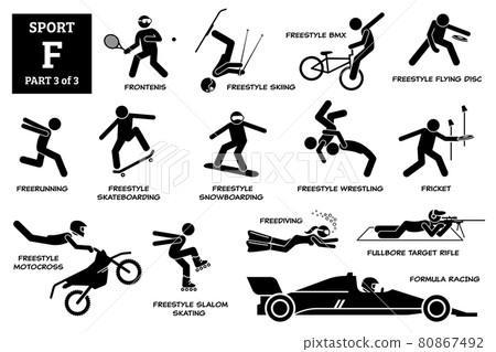 Sport games alphabet F vector icons pictogram. Frontenis, freestyle skiing, bmx, flying disc, freerunning, skateboarding, snowboarding, wrestling, motocross, slalom skating, freediving, formula racing Sport games alphabet F vector icons pictogram. Frontenis, freestyle skiing, bmx, flying disc, freerunning, skateboarding, snowboarding, wrestling, motocross, slalom skating, freediving, formula racing 80867492