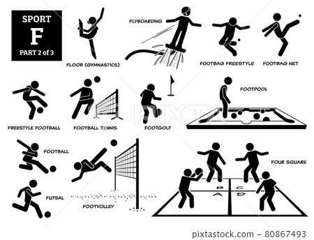 Sport games alphabet F vector icons pictogram. Floor gymnastic, flyboarding, footbag freestyle, net, freestyle football, football tennis, footgolf, footpool, futsal, footvolley, and four square. Sport games alphabet F vector icons pictogram. Floor gymnastic, flyboarding, footbag freestyle, net, freestyle football, football tennis, footgolf, footpool, futsal, footvolley, and four square. 80867493