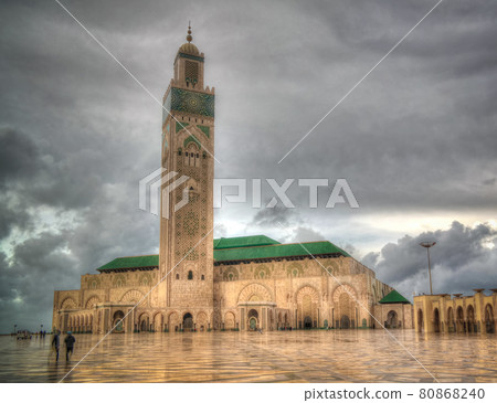 Exterior view to Hassan II mosque at cloudy day, Casablanca, Morocco Exterior view to Hassan II mosque at cloudy day, Casablanca, Morocco 80868240