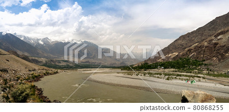 Panorama of Gilgit river, Gilgit-Baltistan Province Pakistan 80868255