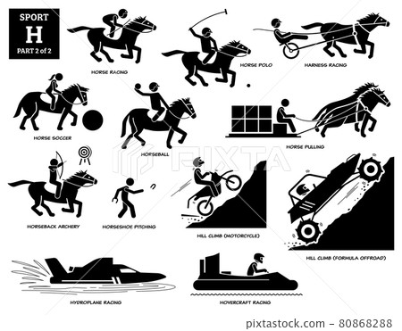 Sport games alphabet H vector icons pictogram. Horse racing, polo, soccer, harness racing, horseball, horseback archery, pitching, hill climb motorcycle, formula offroad, hydroplane, and hovercraft. Sport games alphabet H vector icons pictogram. Horse racing, polo, soccer, harness racing, horseball, horseback archery, pitching, hill climb motorcycle, formula offroad, hydroplane, and hovercraft. 80868288