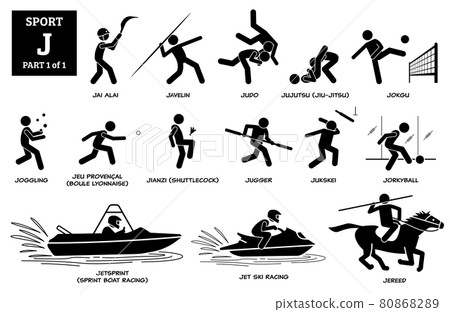 Sport games alphabet J vector icons pictogram. Jai alai, javelin, judo, jujutsu, jiu-jitsu, jokgu, joggling, jugger, jukskei, jorkyball, jetsprint, sprint boat racing, jet ski racing, and jereed. Sport games alphabet J vector icons pictogram. Jai alai, javelin, judo, jujutsu, jiu-jitsu, jokgu, joggling, jugger, jukskei, jorkyball, jetsprint, sprint boat racing, jet ski racing, and jereed. 80868289