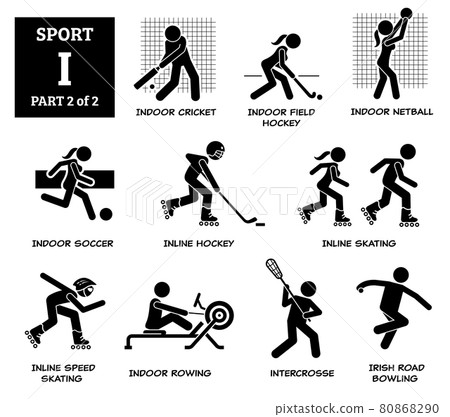 Sport games alphabet I vector icons pictogram. Indoor cricket, field hockey, netball, indoor soccer, inline hockey, inline skating, speed skating, rowing, intercrosse, Irish road bowling. 80868290