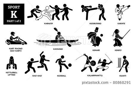 Sport games alphabet K vector icons pictogram. Kabaddi, kickboxing, karate, kart racing, go-kart, kayaking, kemari, kendo, kettlebell lifting, kho kho, kickball, kalaripayattu, and kilikiti. Sport games alphabet K vector icons pictogram. Kabaddi, kickboxing, karate, kart racing, go-kart, kayaking, kemari, kendo, kettlebell lifting, kho kho, kickball, kalaripayattu, and kilikiti. 80868291