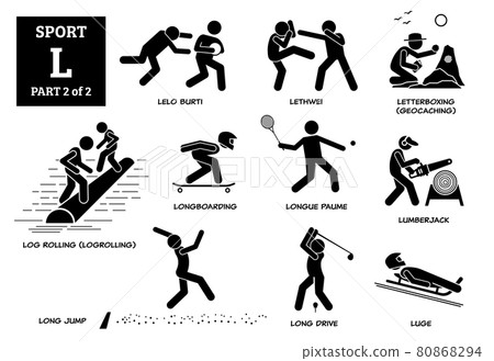 Sport games alphabet L vector icons pictogram. Lelo burti, lethwei, letterboxing, geocaching, log rolling, logrollling, longboarding, longue paume, lumberjack, long jump, long drive, and luge. 80868294