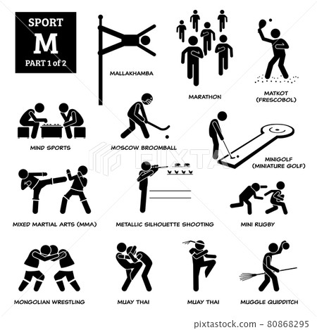 Sport games alphabet M vector icons pictogram. Mallakhamba, marathon, matkot, frescobol, mind sports, Moscow broomball, mini golf, miniature golf, MMA, mini rugby, muay thai, and metallic shooting. 80868295