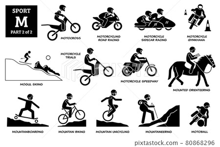 Sport games alphabet M vector icons pictogram. Motocross, motorcycling road racing, sidecar, gymkhana, mogul skiing, motorcycle trials, speedway, mounted orienteering, moutainboarding, and motoball. 80868296
