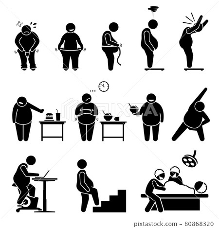Fat man weight loss exercise diet and healthy lifestyle to become slimmer. Vector illustrations depict an obese man on weight scale, wearing pants, eating healthy diet, and exercising. 80868320