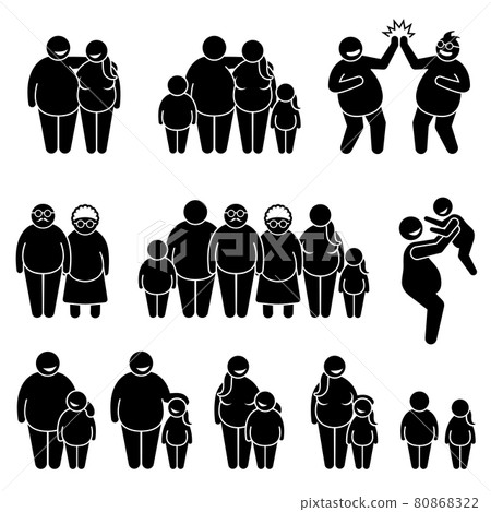 Family of fat obese overweight people standing together stick figure pictogram icons. Vector illustrations depict fat couple, family, parent, friends, brother, sister, children, and grandparent. 80868322