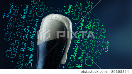 Close-up big glass with dark cold beer isolated on black and colored lettering background. Concept of holdays, drinks, octoberfest. Design for ad, poster, banner 80868834