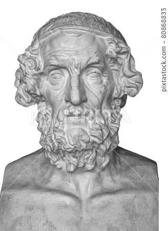 Gypsum copy of ancient statue Homer head isolated on white background. Plaster sculpture man face 80868835
